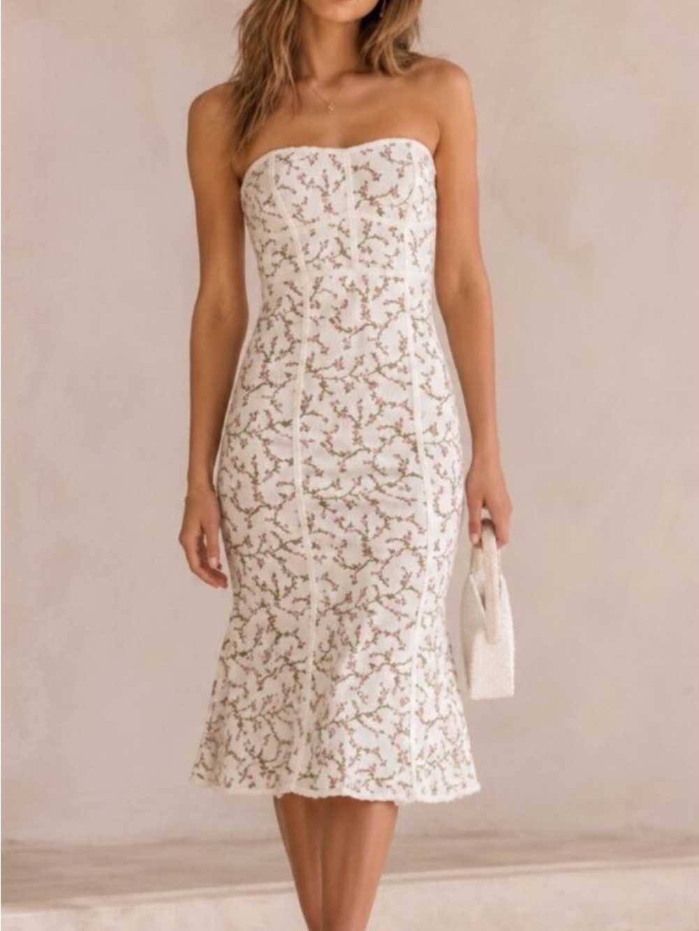 BCBGMaxAzria White Strapless Floral Lace Midi Dress